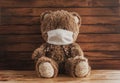 A Teddy bear in a medical mask. concept of infected covid-19 among children