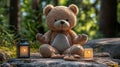 Teddy Bear Meditates Outdoors With Lanterns Royalty Free Stock Photo