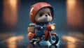 Teddy bear on a motorcycle under the rain. 3d rendering