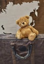 Teddy bear on an old leather suitcase on a wooden background Royalty Free Stock Photo