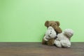 Teddy bear on old wood in front green background. Royalty Free Stock Photo
