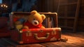 teddy bear peeking out of a vintage suitcase in a warm cozy setting