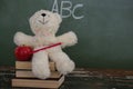 Teddy bear, pencil and apple on stack of books Royalty Free Stock Photo