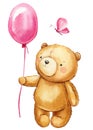Teddy bear with pink balloon and butterfly, Hand painted watercolor illustration isolated background. Valentines Day Royalty Free Stock Photo