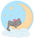 Teddy bear with a pink bow sleeps on the moon and a soft cloud.