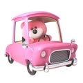 Teddy bear with pink fluffy fur driving her new pink car, 3d illustration