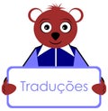 Teddy bear with placard, translations, Portugueseword, isolated.