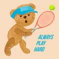 The teddy bear plays tennis, Olympic sport. Logo, icon with the slogan Always Play Hard. Vintage vector illustration