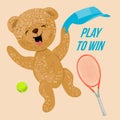 The teddy bear plays tennis, Olympic sport. Logo, icon with the slogan Play to Win. Vintage vector illustration template
