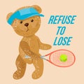 The teddy bear plays tennis, Olympic sport. Logo, icon with the slogan Refuse to lose. Vintage vector illustration