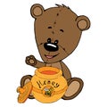 Teddy bear with a pot of honey icon. Vector illustration of a teddy bear holding a pot of honey. Hand drawn teddy bear Royalty Free Stock Photo