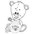 Teddy bear with a pot of honey icon. Vector illustration of a teddy bear holding a pot of honey. Hand drawn teddy bear Royalty Free Stock Photo