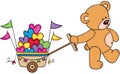 Teddy bear pushing cart full of hearts