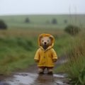 Teddy bear in raincoat standing in puddles on a rainy day