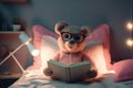 Teddy bear reading a book with bedtime stories in bed Royalty Free Stock Photo