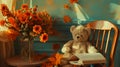 Teddy bear reading a book in a room decorated with autumn leaves. Royalty Free Stock Photo