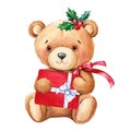 Teddy bear with red bow and Christmas present. Watercolor illustration. Design for New Yea and for Christmas Royalty Free Stock Photo