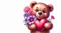 Teddy bear with a red heart and flowers