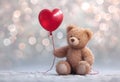 Teddy bear with a red heart shaped balloon on blurred background with golden lights Royalty Free Stock Photo