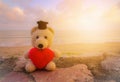 Teddy Bear with red heart sitting near the beach