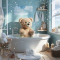 AI generative Teddy bear relaxing in bathtub in modern bathroom with snow effect