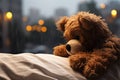 Teddy bear rests alone, rain streaked window, a tranquil cocoon Royalty Free Stock Photo