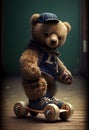 Teddy bear rides a skateboard. AI Generated