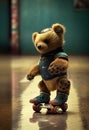 Teddy bear rides a skateboard. AI Generated