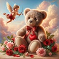 Teddy bear with rose and cupid,Valentine and birthday party Generative AI