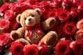 Teddy bear with roses, romantic valentines gift concept