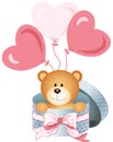 Teddy bear in round gift box with bow ribbon and balloons Royalty Free Stock Photo