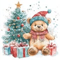 Teddy bear with a Santa Claus hat and a Christmas tree stocking, with a gift Royalty Free Stock Photo