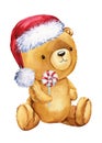 Teddy bear in Santa Claus hat with lollipop. Sweet Watercolor illustration. Design for New Yea and for Christmas Royalty Free Stock Photo