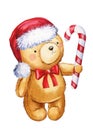 Teddy bear in Santa Claus hat with lollipop. Sweet Watercolor illustration. Design for New Yea and for Christmas Royalty Free Stock Photo