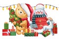 Teddy bear in Santa Claus hat and snowman, present and Christmas tree. Watercolor Design for New Yea and for Christmas Royalty Free Stock Photo