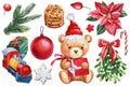 Teddy bear in Santa Claus hat, train, lollipop and mistletoe. Watercolor illustration. Design for New Yea and Christmas Royalty Free Stock Photo