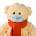 Teddy bear with a scarf and a mask with the inscription coronavirus Royalty Free Stock Photo