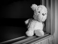Teddy bear siiting on door home.black and white photo.Poster card for broken heart couple, sad, lonely, international missing Royalty Free Stock Photo