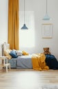 Teddy bear on single wooden bed in blue and orange bedroom interior Royalty Free Stock Photo