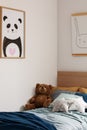 Teddy bear on single wooden bed in blue and orange bedroom interior Royalty Free Stock Photo