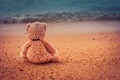 Teddy bear sit alone at the seashore Royalty Free Stock Photo