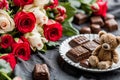 A teddy bear sits next to a plate of delicious chocolate, creating an adorable and tempting scene, Chocolates, roses and teddy