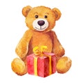 Teddy bear sits with a red gift. Watercolor.