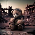 teddy bear sits in the ruins after a nuclear explosion, AI generation Royalty Free Stock Photo