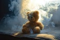 Teddy bear sits in thick cloud of tobacco smoke. Concept warning about dangers of smoking for children's health.