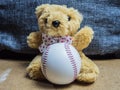 Teddy bear sitting with a baseball ball