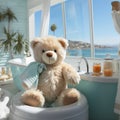 AI generative Teddy bear sitting in bathtub with sea view on background.