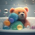 a teddy bear sitting in a bathtub with soap bubbles around it and bubbles coming out of the tub and