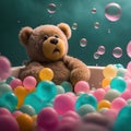 a teddy bear sitting in a bathtub surrounded by balloons and bubbles with bubbles coming out of the bathtub and bubbles coming