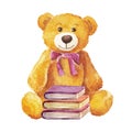 Teddy bear sitting with books. watercolor